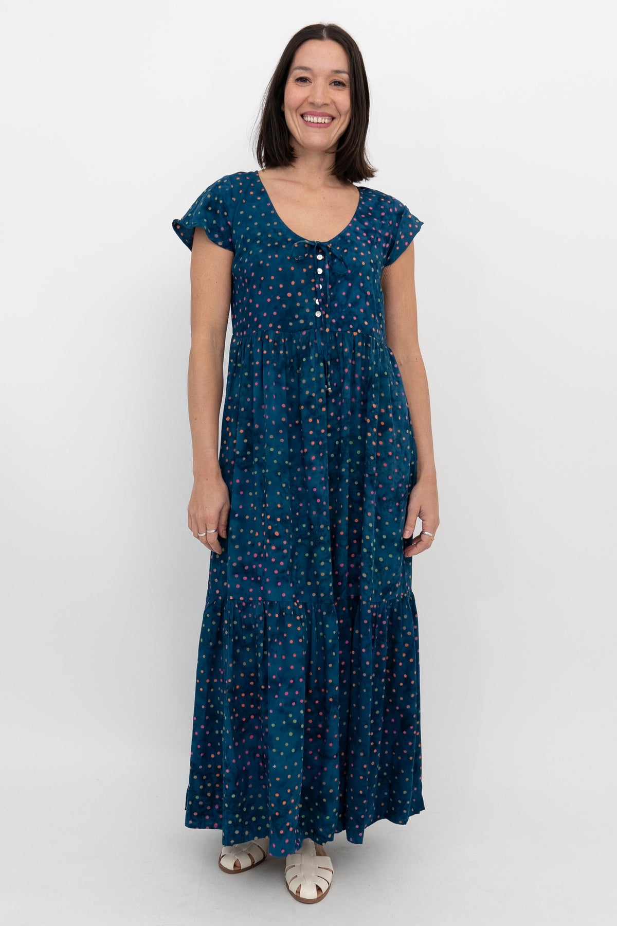 Sharpie Long Dress, Navy Polka. - Final Sale