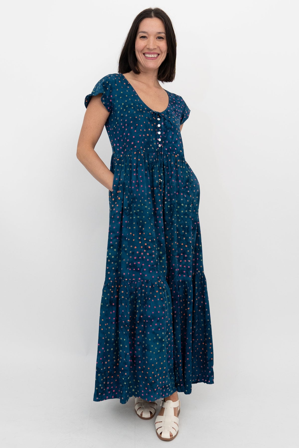Sharpie Long Dress, Navy Polka. - Final Sale