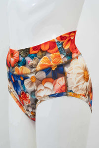 Side view of high waist floral print brief displayed on mannequin
