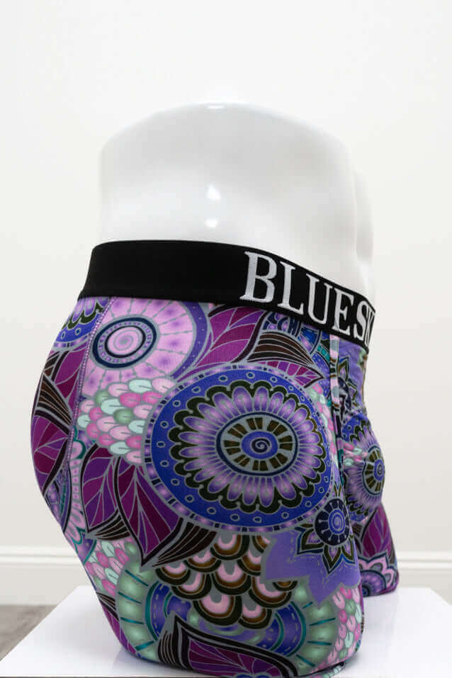 Side angle showing vibrant floral design on Middle Man bamboo boxer briefs