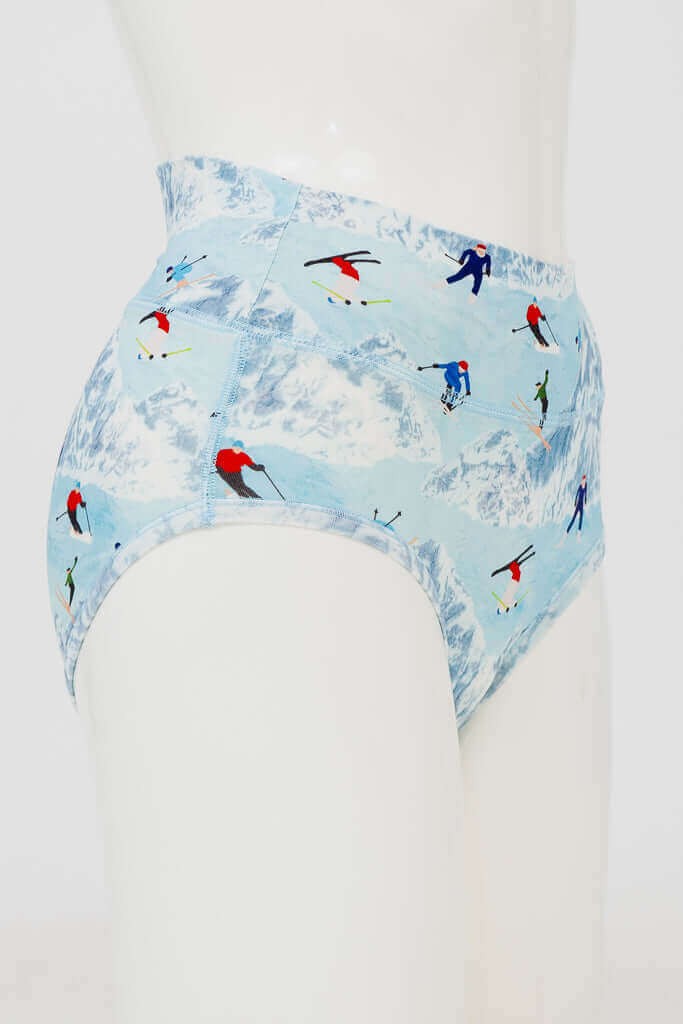 Side view of bamboo brief featuring skier and mountain pattern