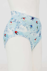 Side view of bamboo brief featuring skier and mountain pattern