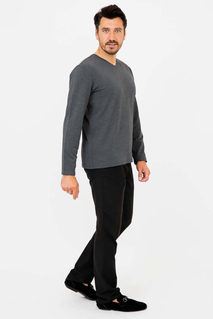 Side view of man in charcoal bamboo cotton V-neck shirt