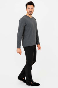 Side view of man in charcoal bamboo cotton V-neck shirt
