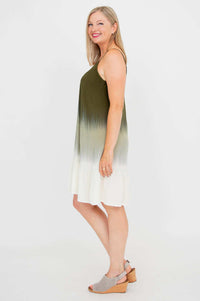 Side view of olive ombre dress showing relaxed fit
