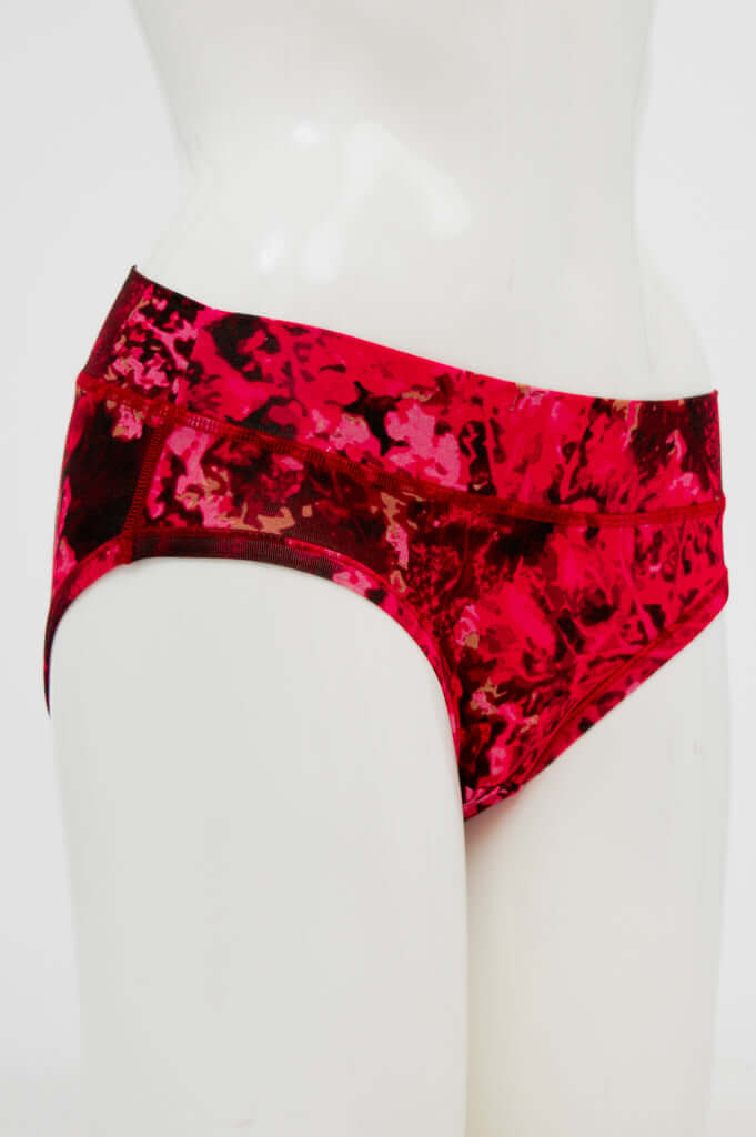 Side view of crimson bamboo hipster underwear showing seamless fit on mannequin