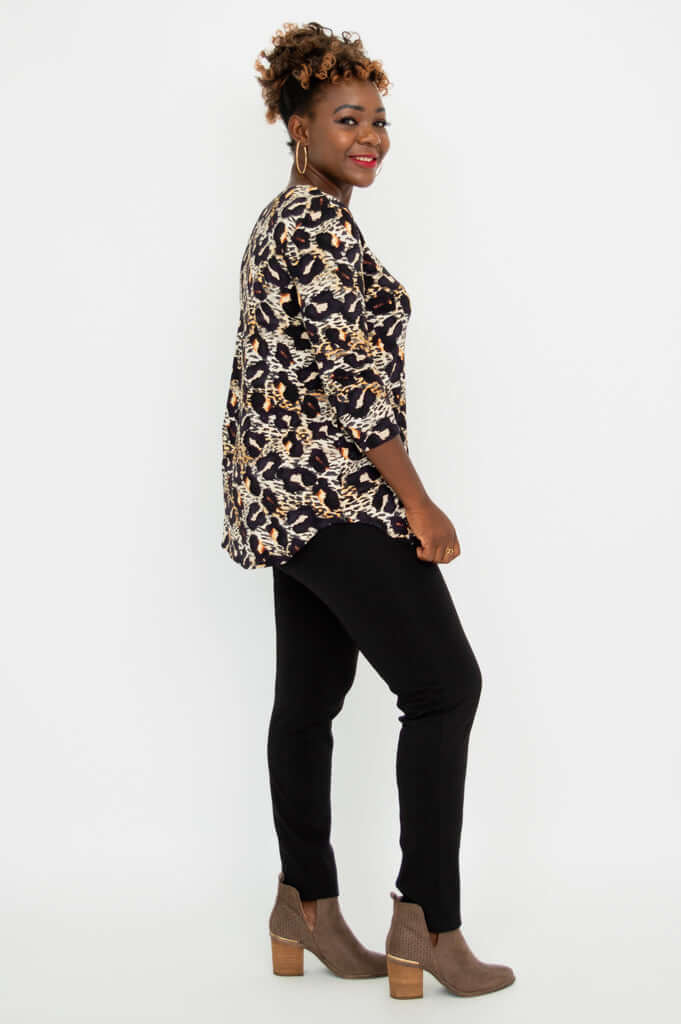 Side view of woman showing the fit of the Jackie V-Neck Leopard Top