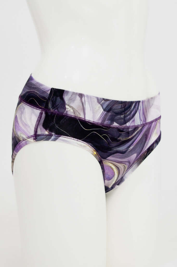 Side view of marble swirl print bamboo hipster underwear on mannequin