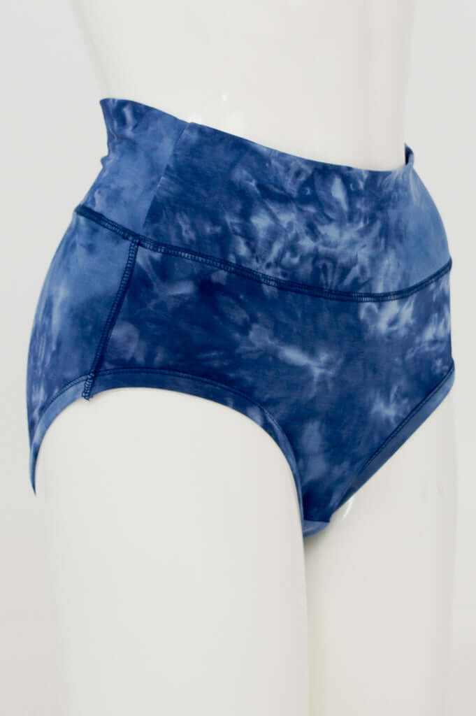 Side angle of blue tie dye high-rise women's brief on mannequin