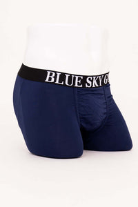 Side view of navy bamboo boxer briefs showing pouch and waistband