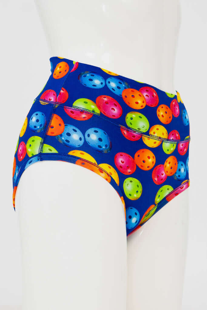 Side view of high-waisted brief featuring vibrant pickleball print