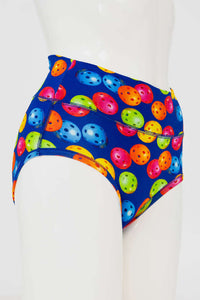 Side view of high-waisted brief featuring vibrant pickleball print
