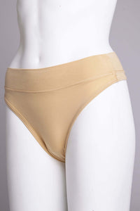 Side angle of beige high-rise bamboo thong underwear on a mannequin