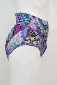 Side view of high-waisted brief with colorful mandala and floral patterns
