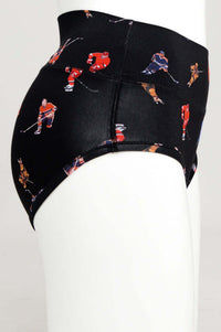 Side view of hockey-themed black high-waist brief on mannequin