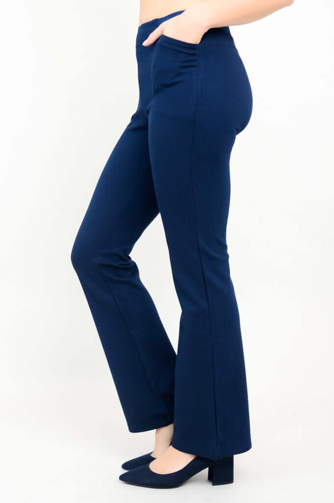 Side view of indigo flare modal pants showing pocket detail