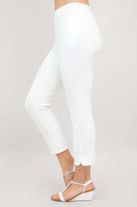 Side view of white Nadine crop pants showing flattering fit
