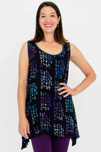 Front view of woman wearing Swing Tank in Midnight Script with purple and blue print