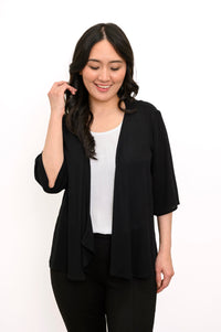 Front view of the black Toucan Jacket in wrinkle-resistant rayon, featuring an open style and 3/4 sleeves.