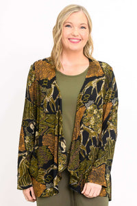 Woman wearing the Toucan Jacket with animal print and flowy hemline, shown in a close-up view