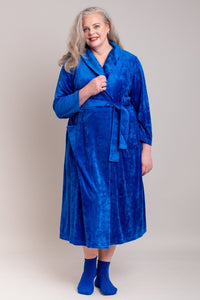 Women's warm and comfy winter cobalt blue velvet bathrobe gown for sleep or evening wear.
