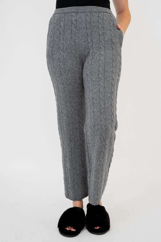 Front view of Ventura Pant in grey wool cashmere with cable knit texture
