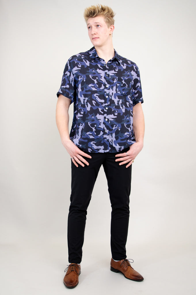 Dino Shirt, Indigo Camo, Woven Bamboo