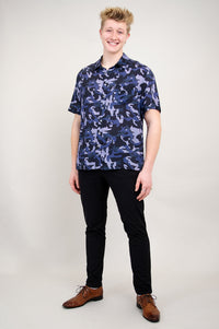 Dino Shirt, Indigo Camo, Woven Bamboo