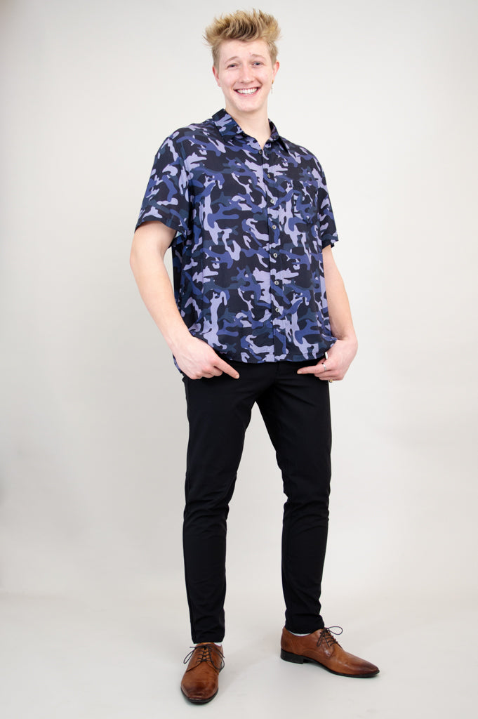Dino Shirt, Indigo Camo, Woven Bamboo