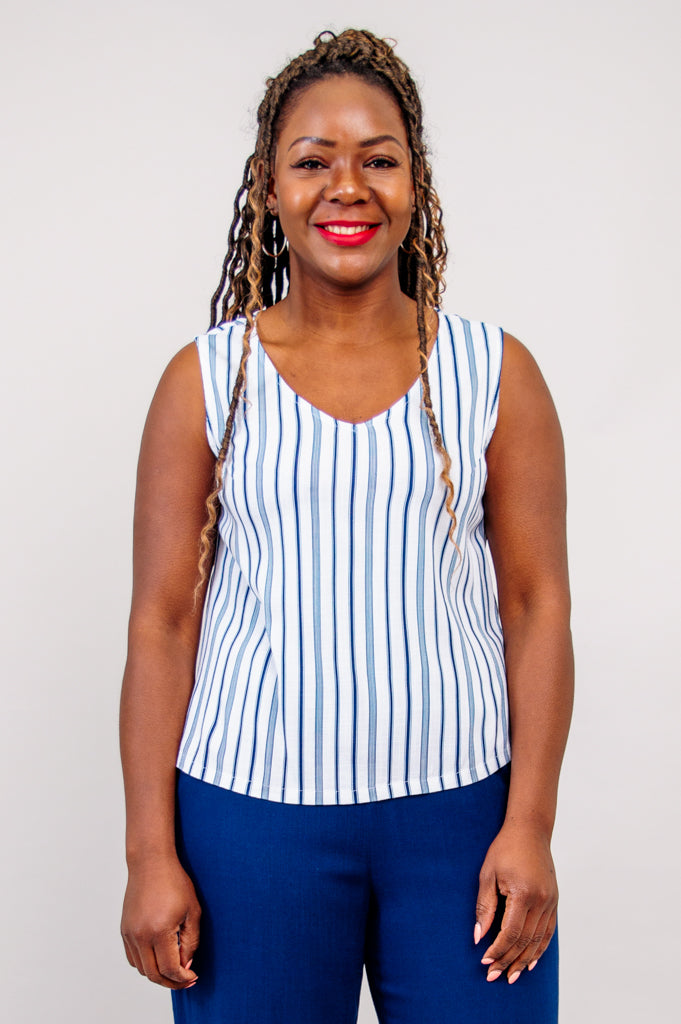 Havana Tank, Indigo Stripe, Linen Bamboo - Final Sale