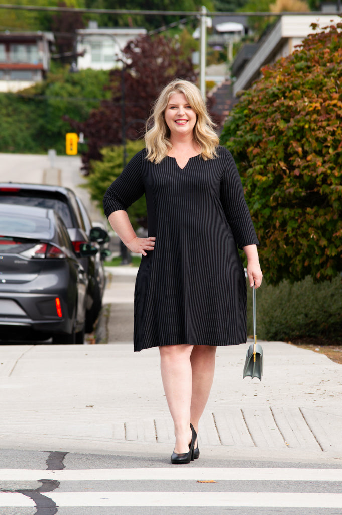 Maggie 3/4 Sleeve Dress, Blk/Grey Stripe, Bamboo - Final Sale