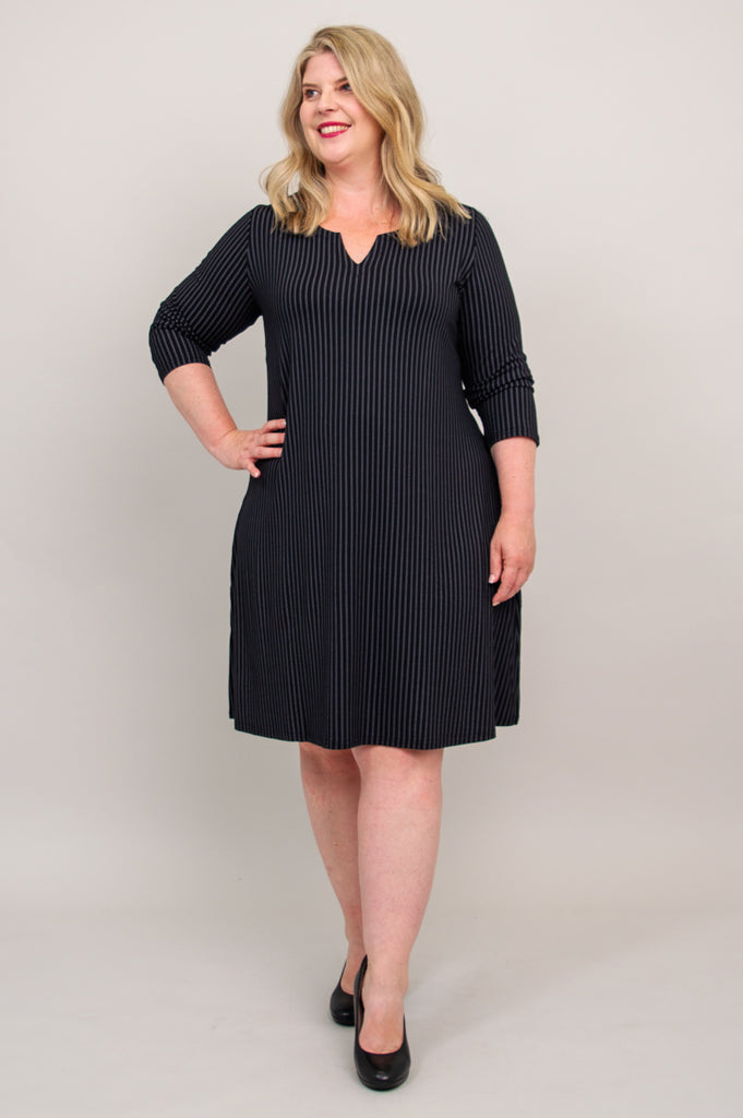 Maggie 3/4 Sleeve Dress, Blk/Grey Stripe, Bamboo - Final Sale