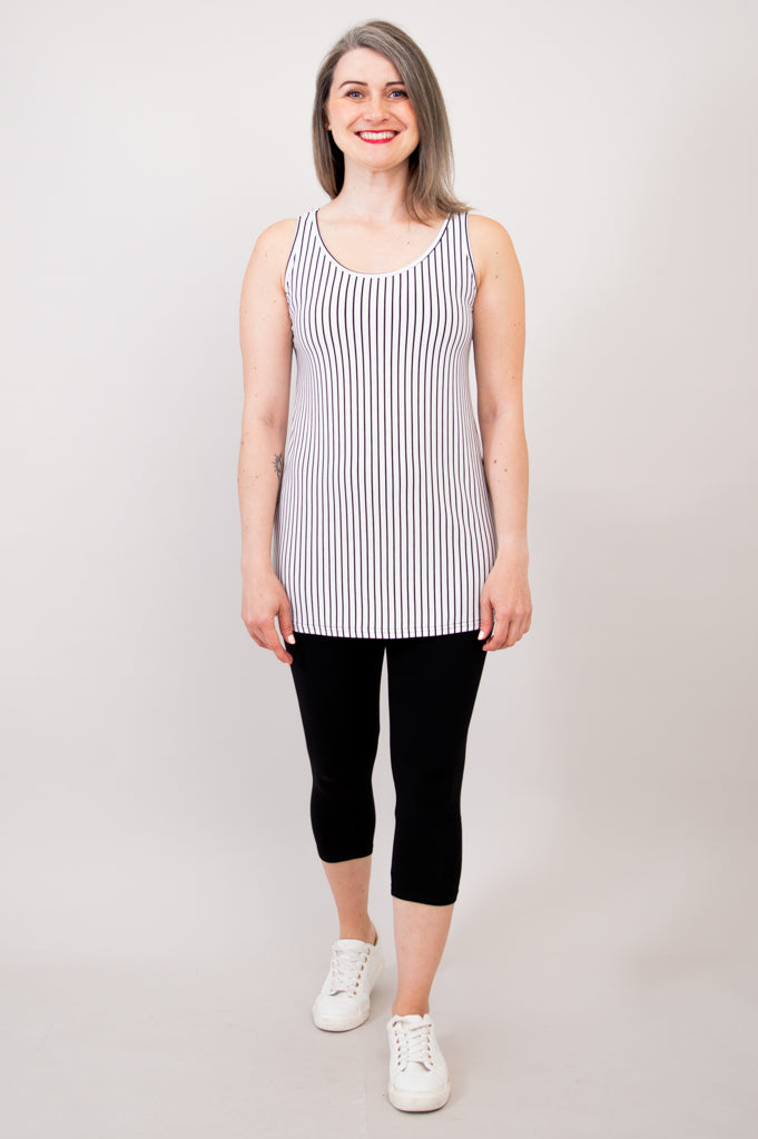 Relaxed Tank, White/Black Small Stripe, Bamboo- Final Sale