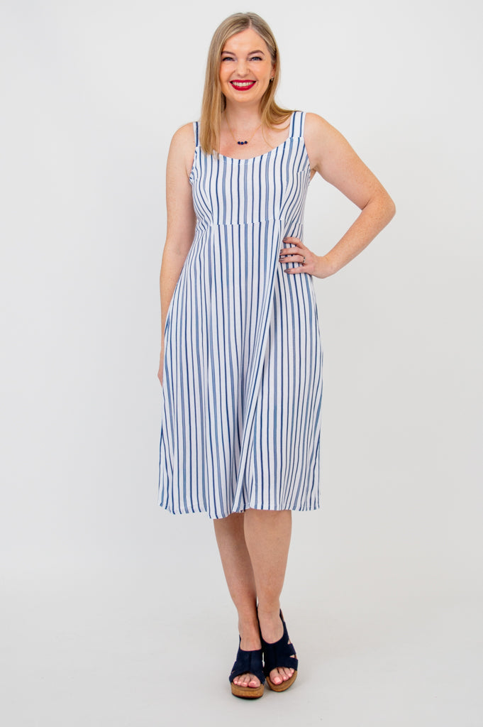 Shauna Dress, Indigo Stripe, Linen Bamboo - Final Sale