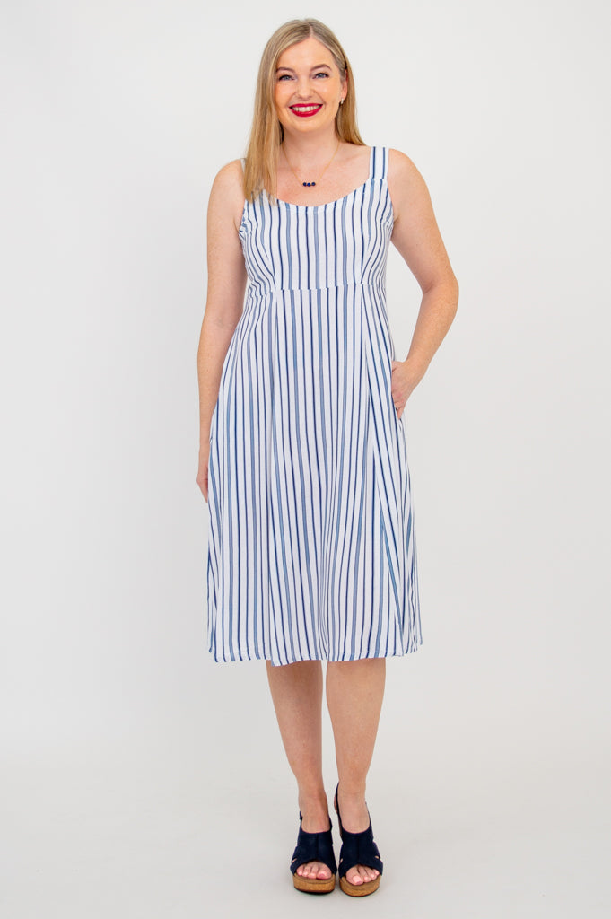 Shauna Dress, Indigo Stripe, Linen Bamboo - Final Sale