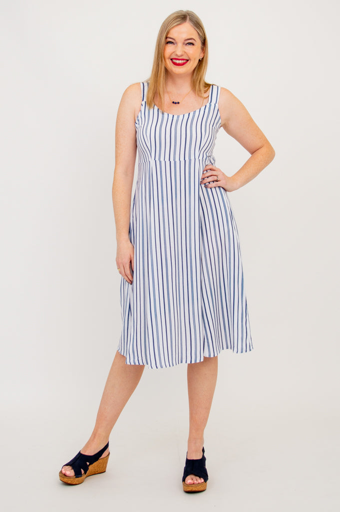 Shauna Dress, Indigo Stripe, Linen Bamboo - Final Sale