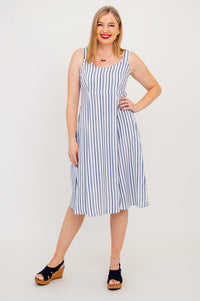 Shauna Dress, Indigo Stripe, Linen Bamboo - Final Sale
