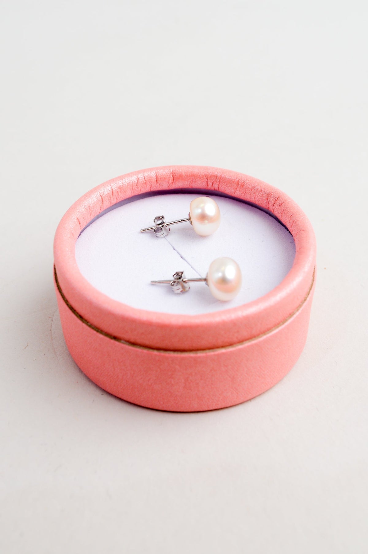 White Pearl Stud Earrings with Pink Gift Box