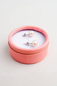 White Pearl Stud Earrings with Pink Gift Box