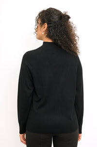Rear view of a long sleeve black fine wool knit sweater showing clean back fit and ribbed hem.