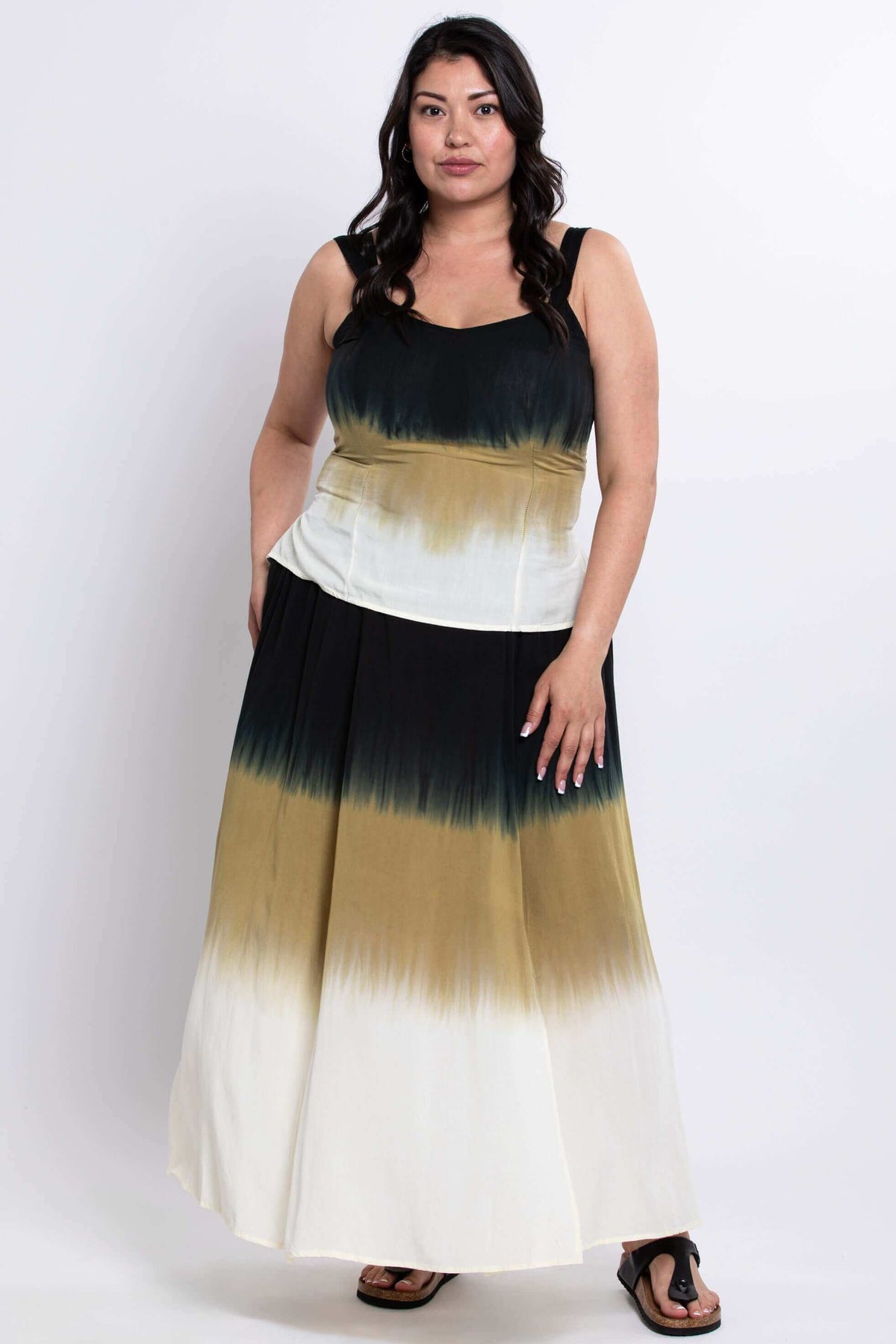 Model displays dip dye tank and skirt set, standing against a white background