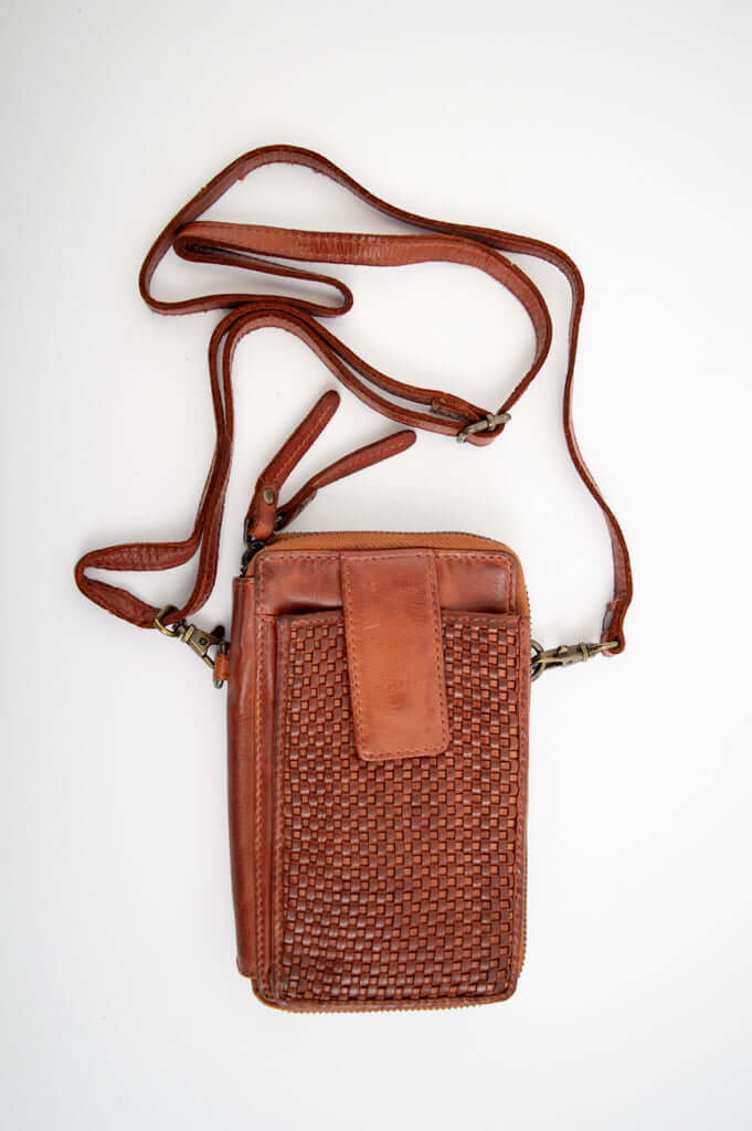 Woven leather crossbody wallet with adjustable strap, brown, front view