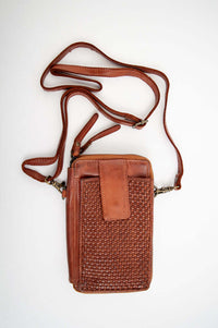 Woven leather crossbody wallet with adjustable strap, brown, front view