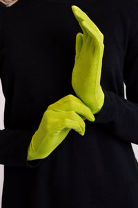 Lime green chinook print natural bamboo fiber women's gloves.