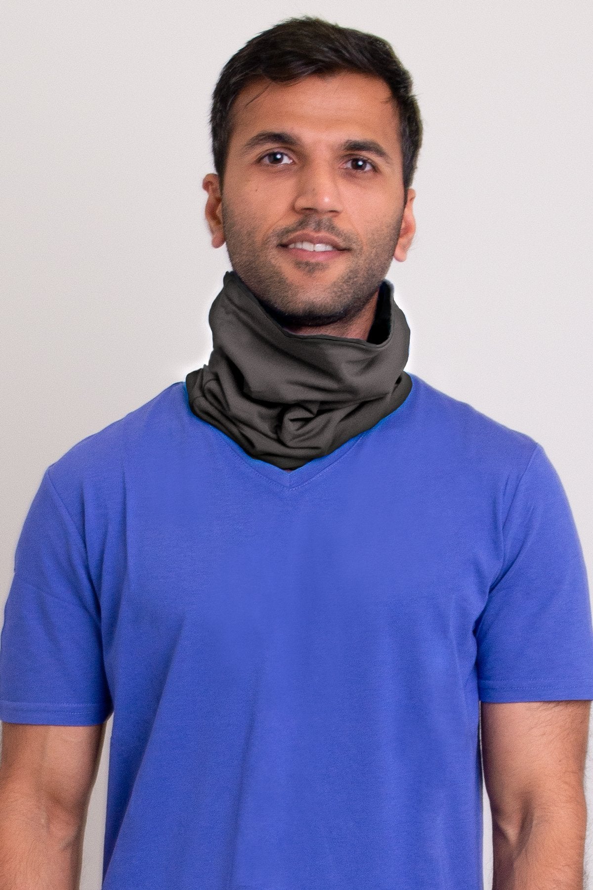 Grey neck warmer/face cover mask.