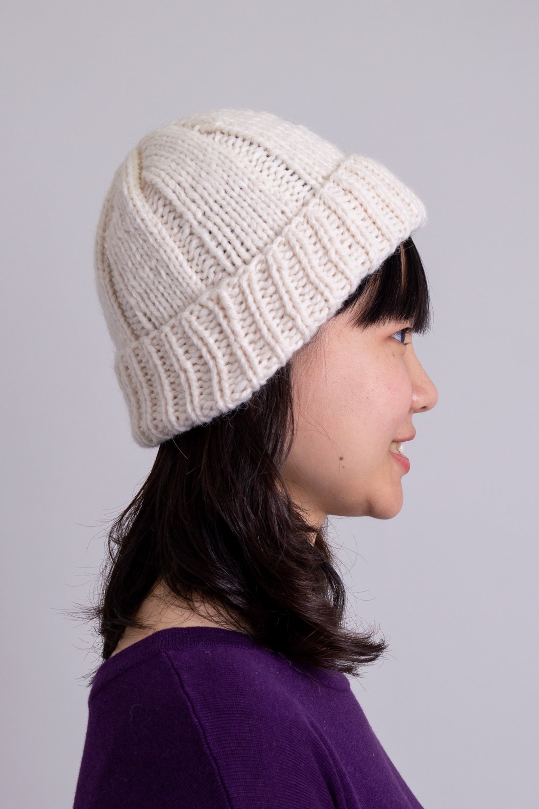 Hand Knit Beanie, White, Wool